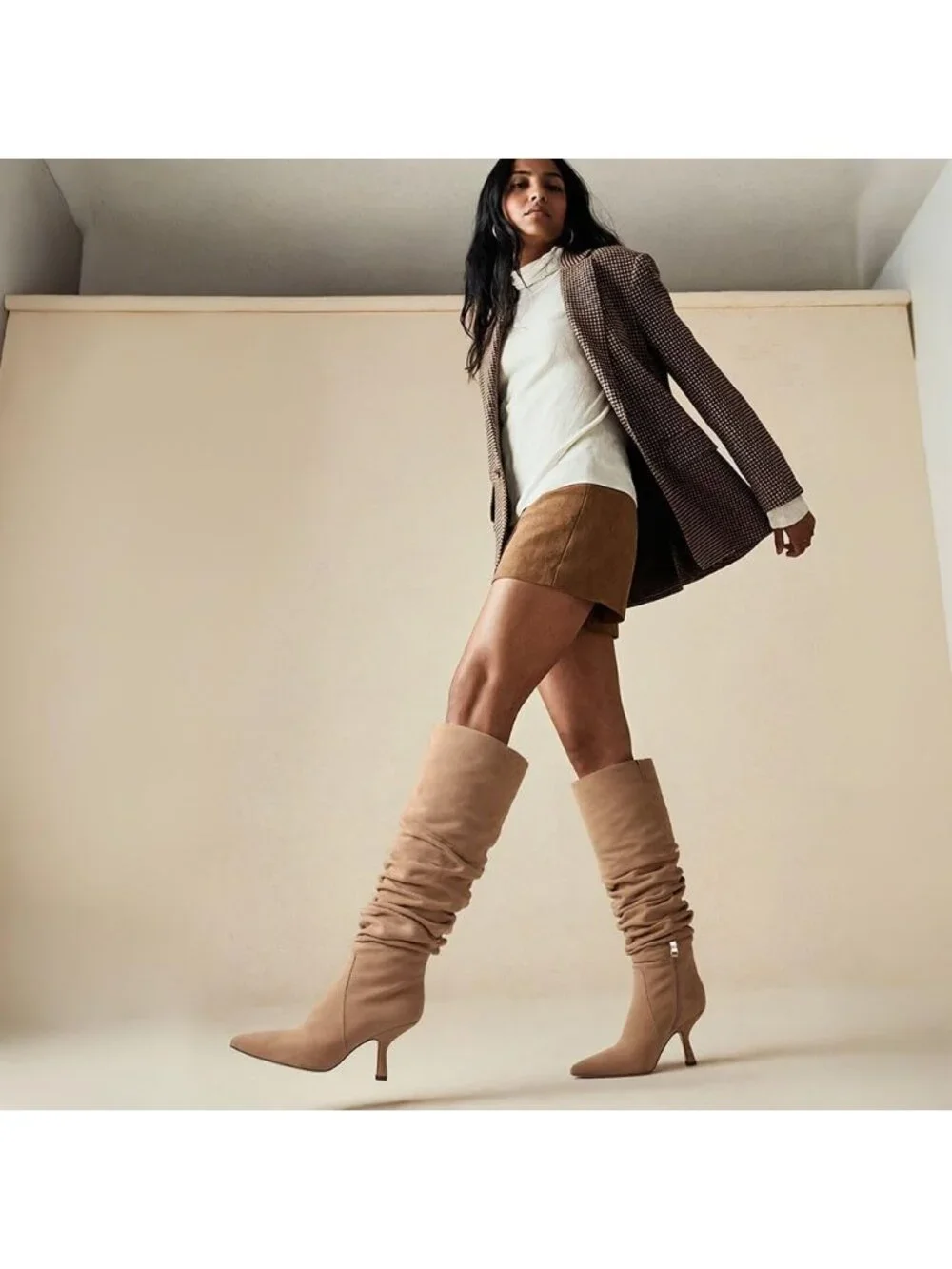 Women's Taupe Slouch Knee High Boots Kitten Heel Side Zipper Knee-High Boots